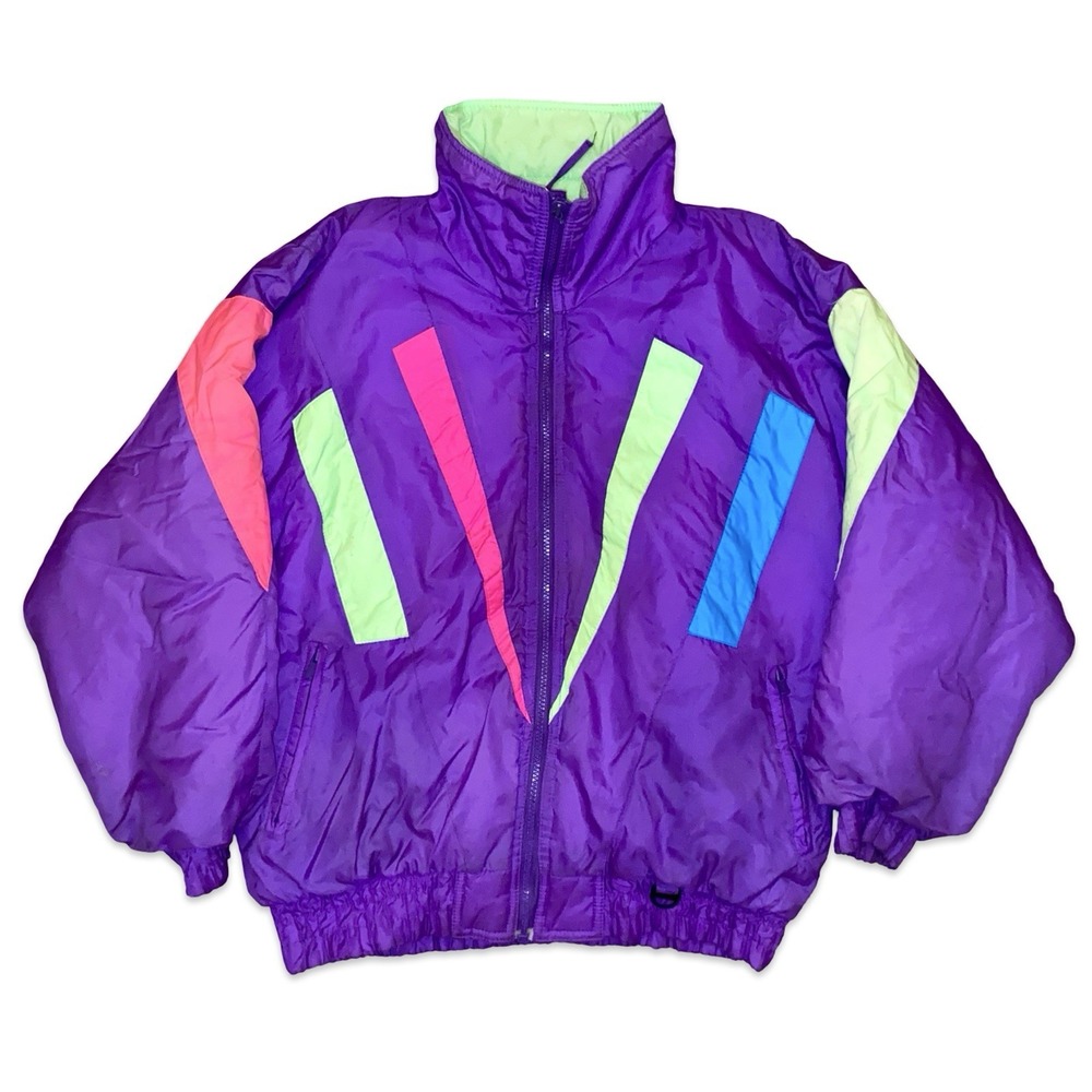 Vintage 80s 90s Green Mountain Ski Jacket Womens M Purple Neon Colorblock Ladies